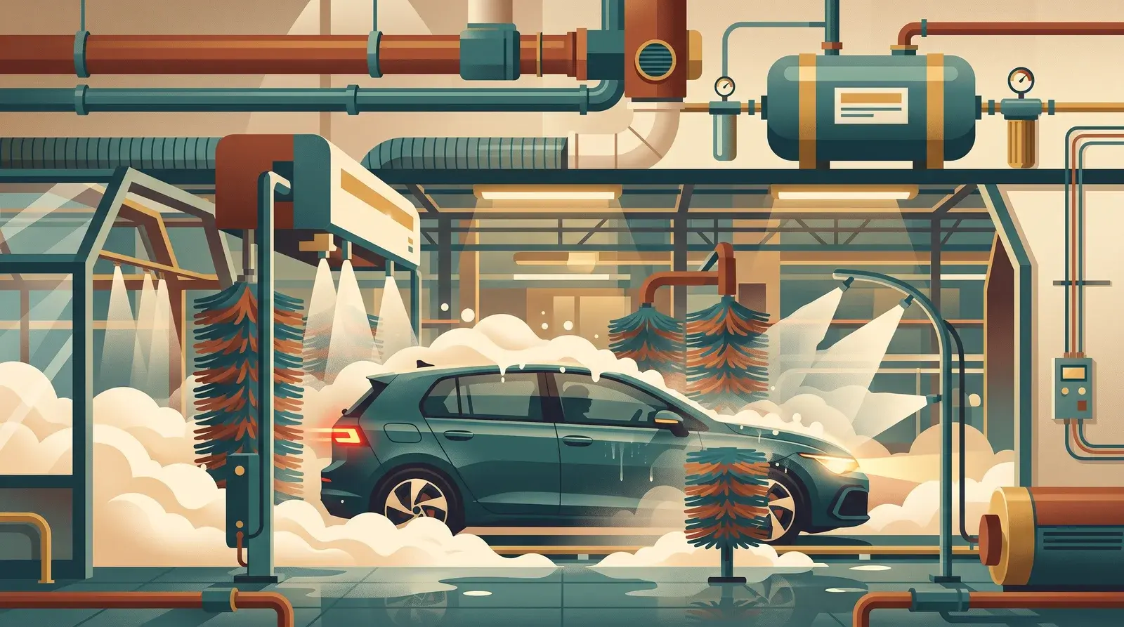 Illustration of a car moving through an automated tunnel car wash with foam and spinning brushes