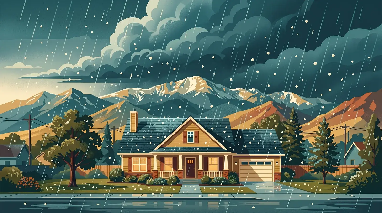Illustration of a suburban house under a hailstorm with Colorado's Front Range mountains behind it