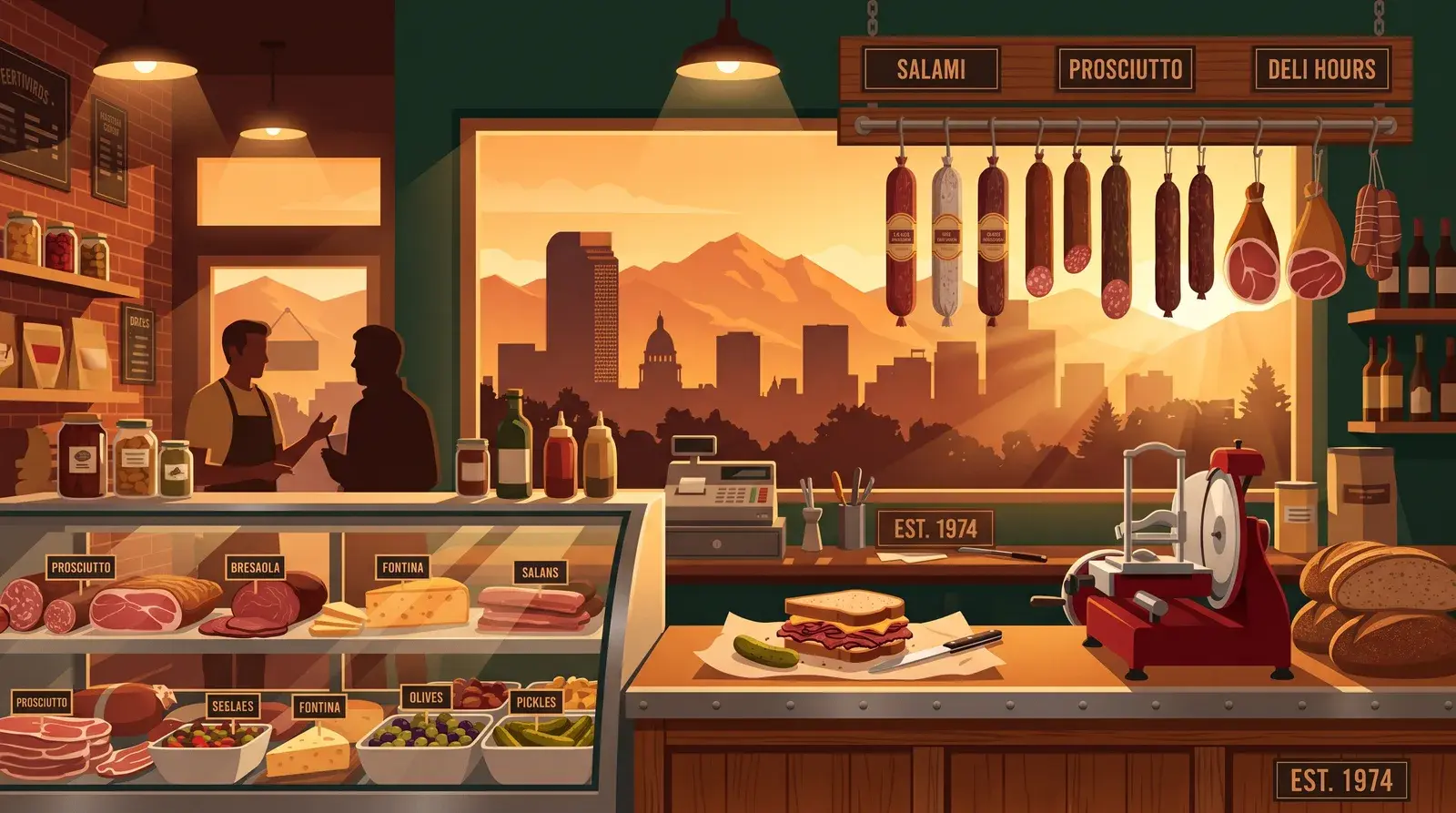 Illustration of a classic delicatessen counter with hanging cured meats and the Denver skyline in the window