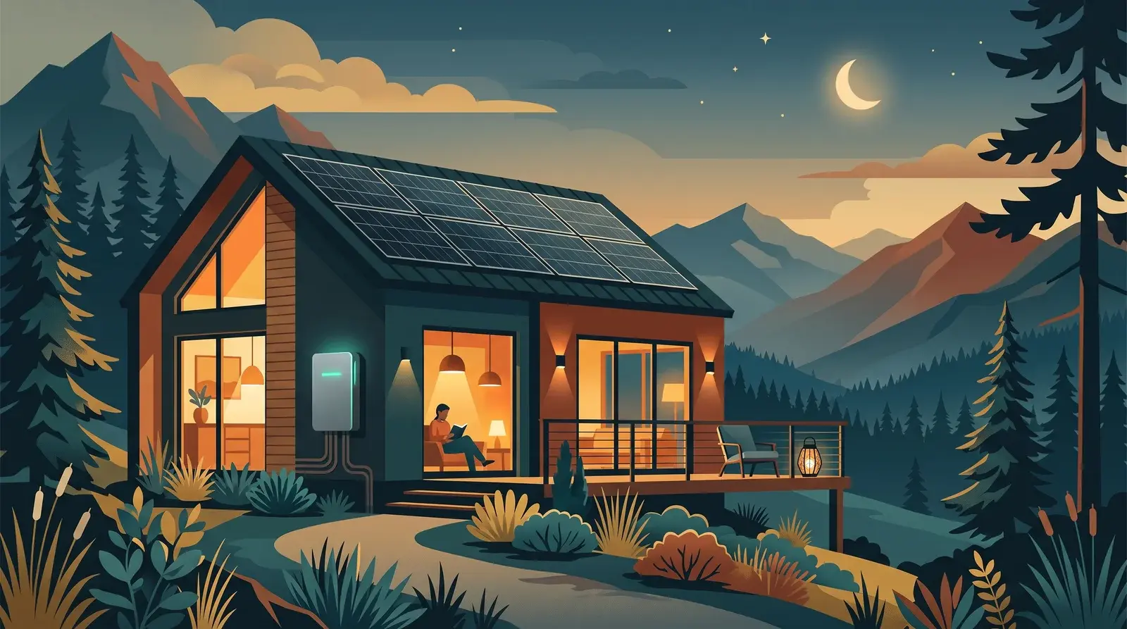 Illustration of a home with rooftop solar panels and a wall-mounted battery system at dusk