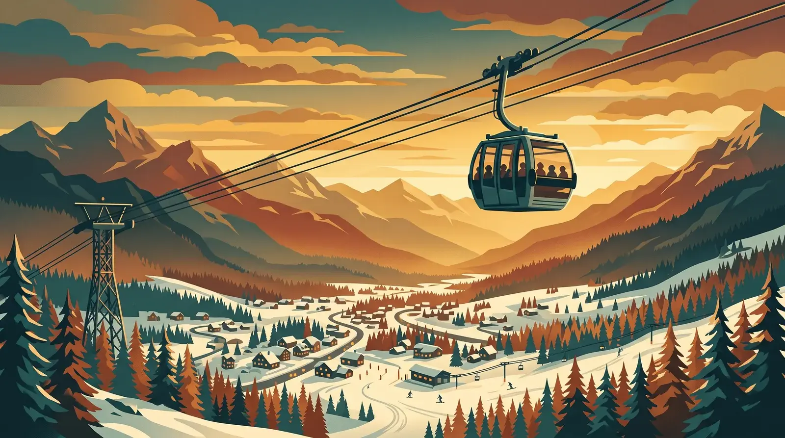 Illustration of a gondola cabin traveling over the snowy town of Winter Park, Colorado